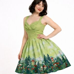 Whimsical Flattering fit & flare dress storybook forest village border Colorful